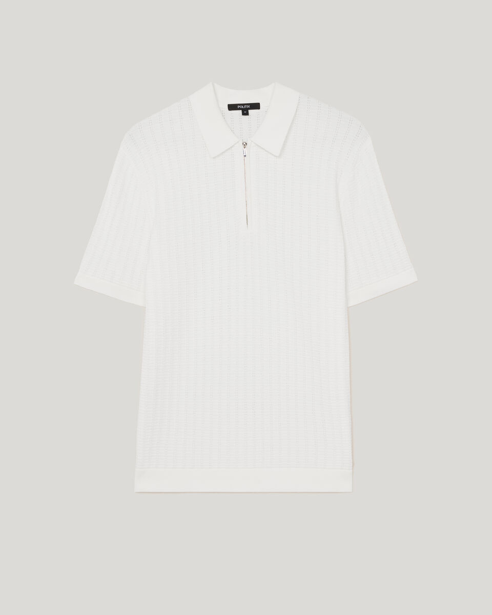 Textured Zip-up Knit Polo, White, hi-res